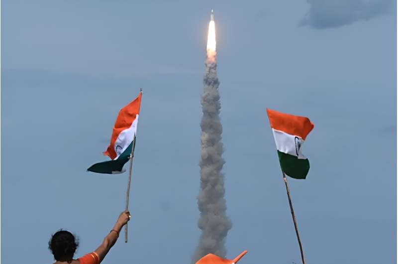 An Indian Space Research Organisation (ISRO) rocket carrying the Chandrayaan-3 lifts off on July 14, 2023
