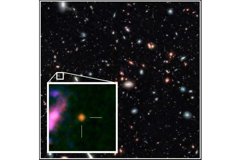 obrázek: Detekce kyslíku pomohla k určení vzdálenosti galaxie objevené dalekohledem JWST