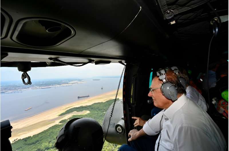 Brazil's Vice President Geraldo Alckmin is flying on helicopter over the Negro River in Amazonas State that is experiencing severe drought