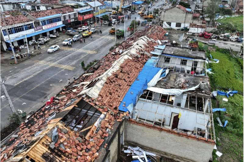 Buildings damaged by a tornado that hit China's eastern Jiangsu province, killing five people