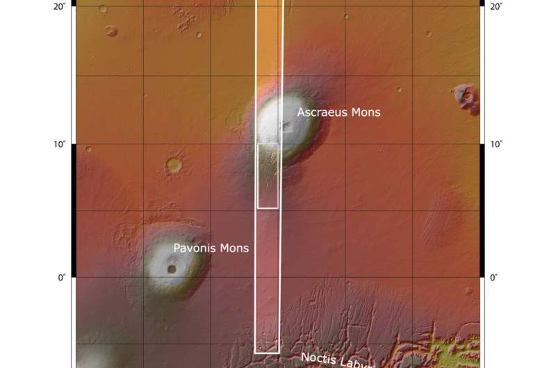 Chasms on the flanks of a martian volcano