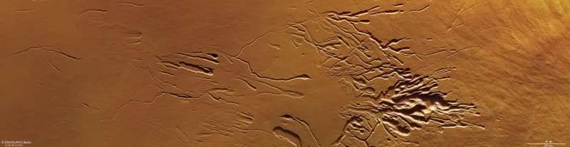 Chasms on the flanks of a martian volcano