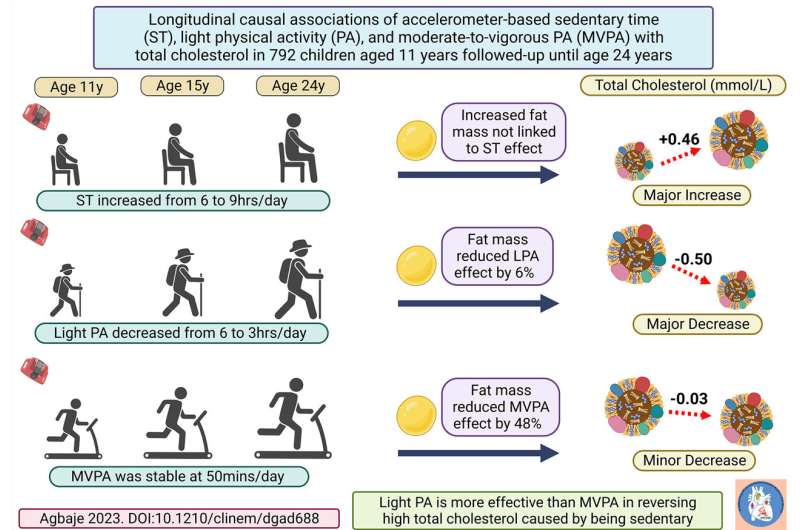Childhood sedentariness causes elevated cholesterol but light physical activity may neutralize it