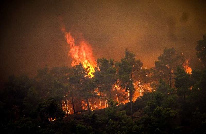 Crews were battling a wildfire scorching part of Greece's Rhodes island