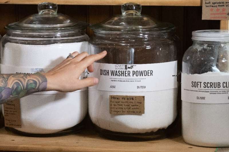 Customers are encouraged to bring their own containers to stock up on products like dishwasher powder at Mason &amp; Greens, a s