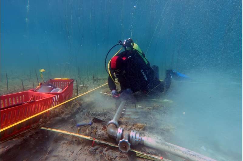 Divers at work on the archaeological site at the bottom of Lake Ohrid in Albania