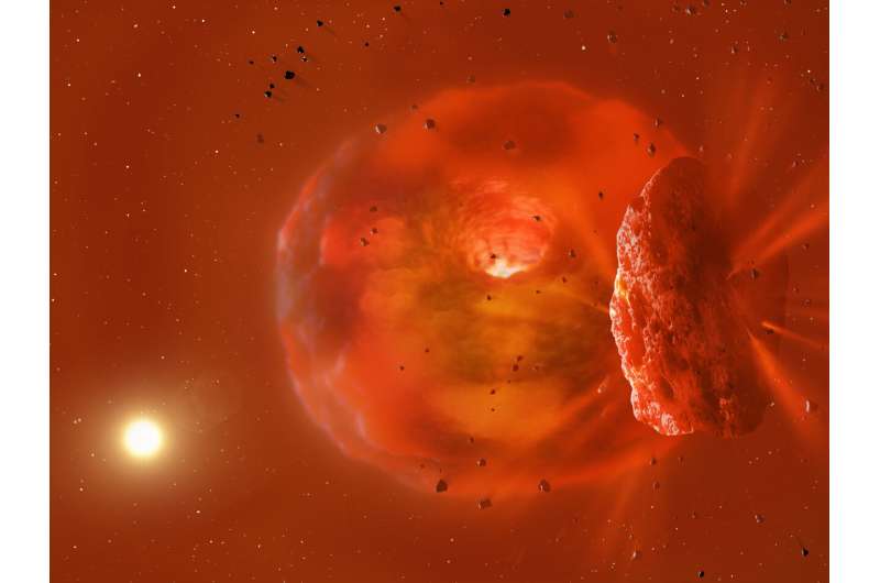 Dust cloud from two colliding ice planets dims light of parent star