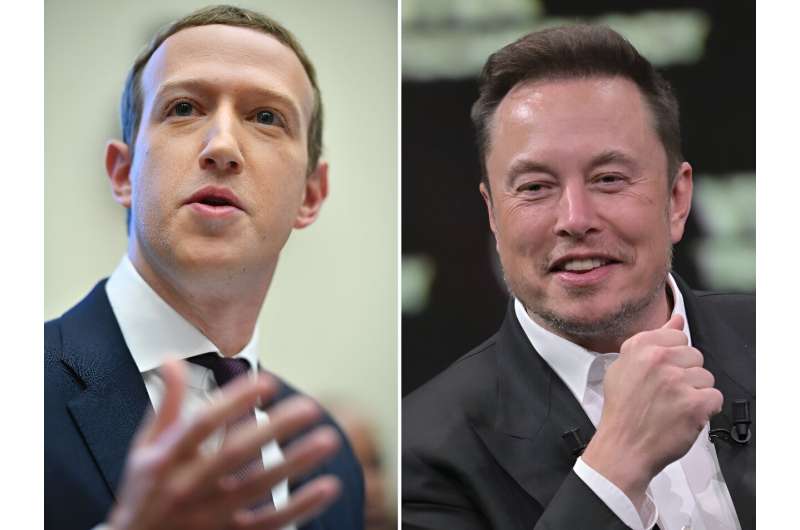 Elon Musk (R) says his much-hyped cage fight with Mark Zuckerberg will take place in Italy