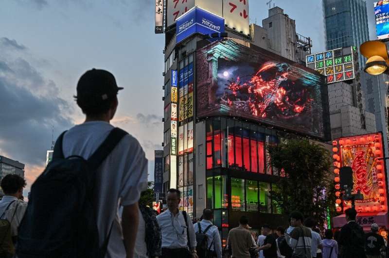 Final Fantasy XVI, seen advertised on a digital screen in Tokyo, has been described as the most grown up edition of the hit seri