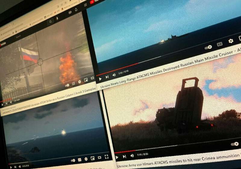 Footage from the war-themed Arma 3 video game, often marked &quot;live&quot; or &quot;breaking news&quot; to make it appear genu
