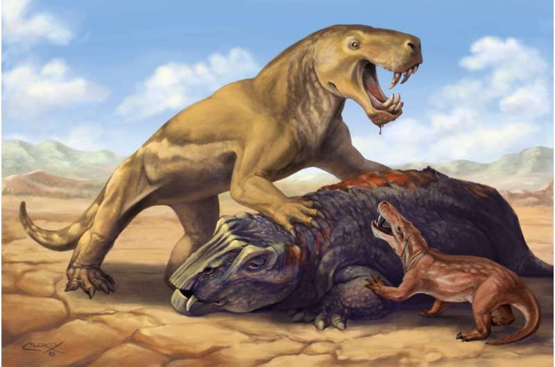 La gorgonopsia gigante Inostrancevia con su presa dicinodonta, asustando a la especie africana Cyonosaurus, mucho más pequeña. Crédito: Arte de Matt Celeskey.