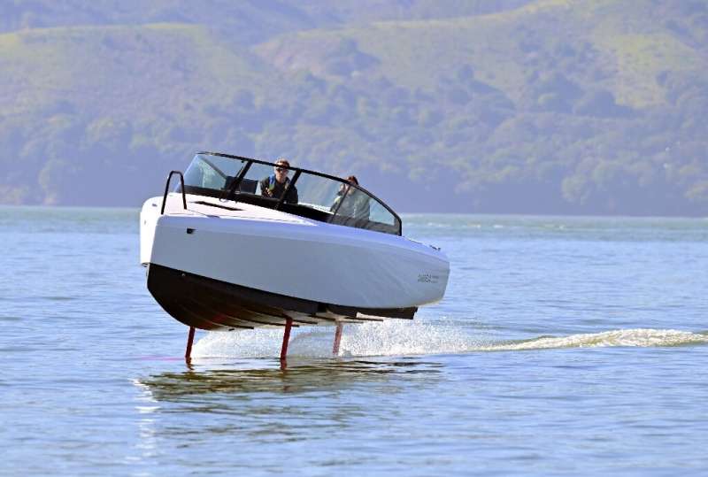 French sailor Tanguy de Lamotte, CEO of Candela US, drives the company's &quot;flying&quot; electric C-8 boat in Sausalito, Cali