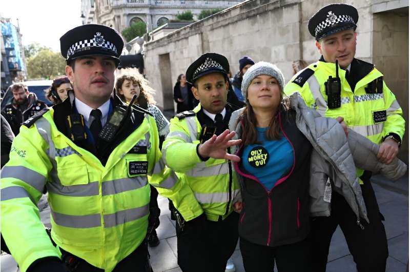 Greta Thunberg is arrested in London during a demonstration organised by Fossil Free London and Greenpeace