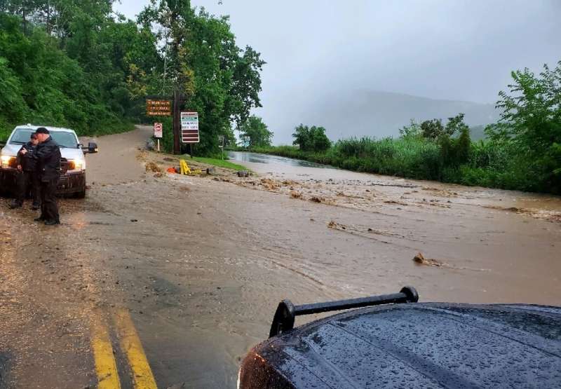 Flash flooding washes out portions of Route 9W on the Palisades Interstate Parkway in Rockland County, New York on July 9, 2023