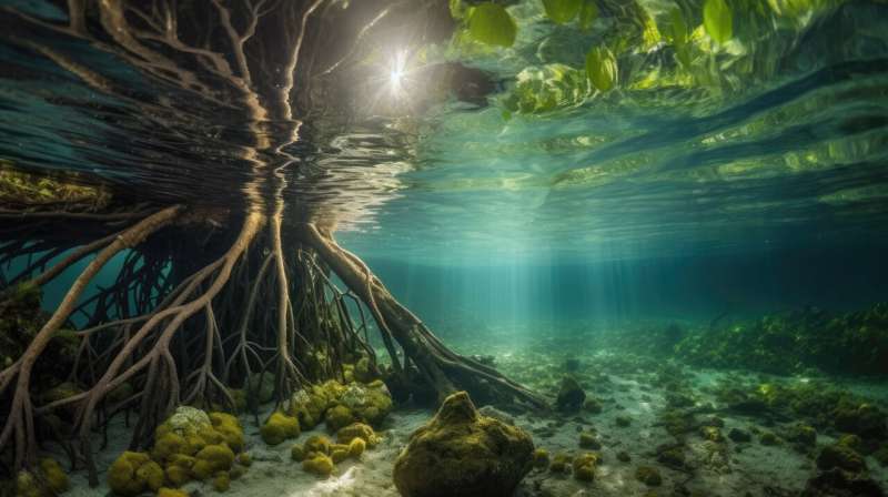 Underwater shot of mangrove roots