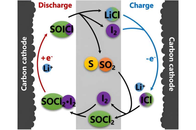 Iodine improves lithium thionyl chloride battery discharge performance and rechargeability