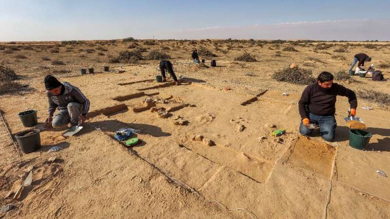 Israel Antiquities Authority excavators dig at the site in the Negev desert
