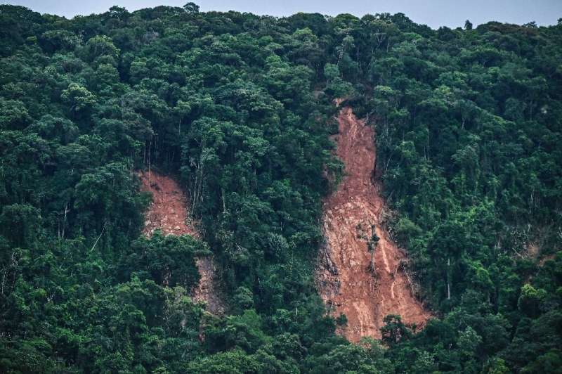 Landslides triggerd by deadly rains in the hard-hit hillside neighborhood of Sahy, in the city of Sao Sebastiao, in southeastern