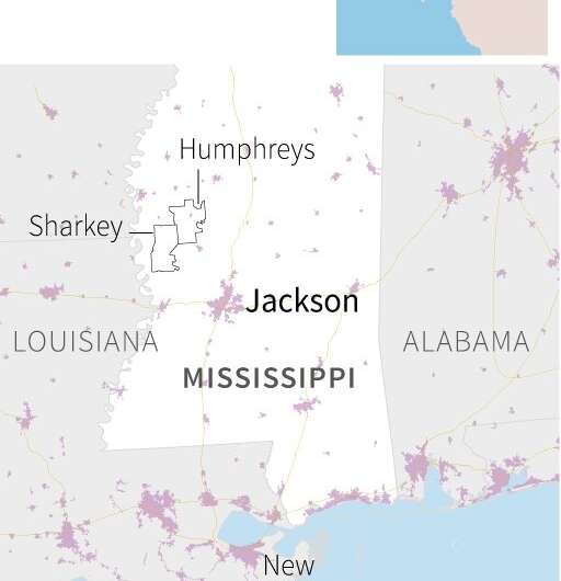 Карта американского штата Миссисипи, где торнадо и сильные штормы унесли жизни по меньшей мере 23 человек.