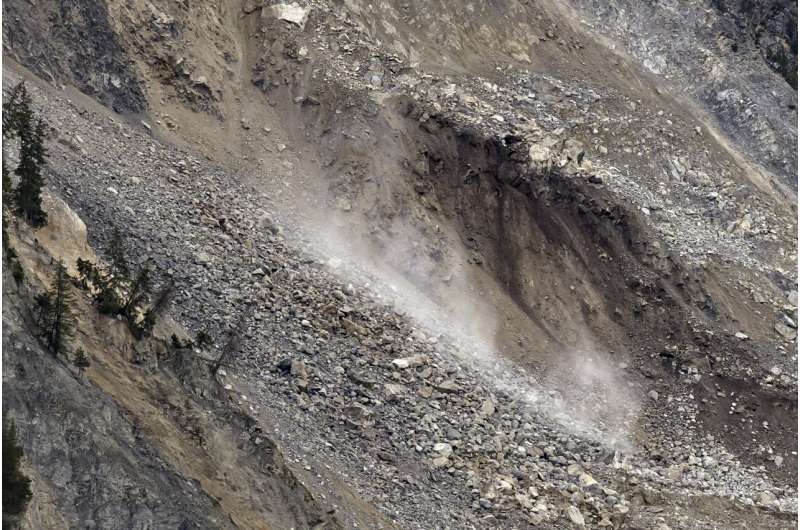 Mass of rock slides down mountainside above evacuated Swiss village, narrowly misses settlement