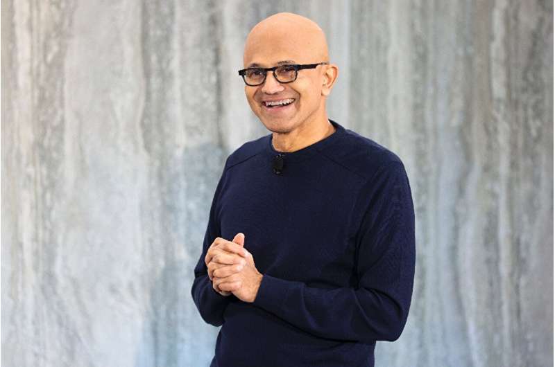 Microsoft CEO Satya Nadella speaks during a February 2023 keynote address announcing ChatGPT integration into the company's Bing