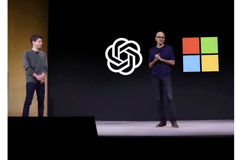 Microsoft CEO Satya Nadella, pictured right, hired Sam Altman, left, after his surprise ouster as head of OpenAI