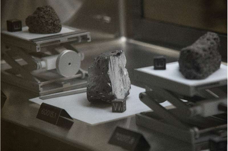 Moon rocks gathered during the Apollo missions are displayed in the Lunar Lab during a media day hosted by NASA