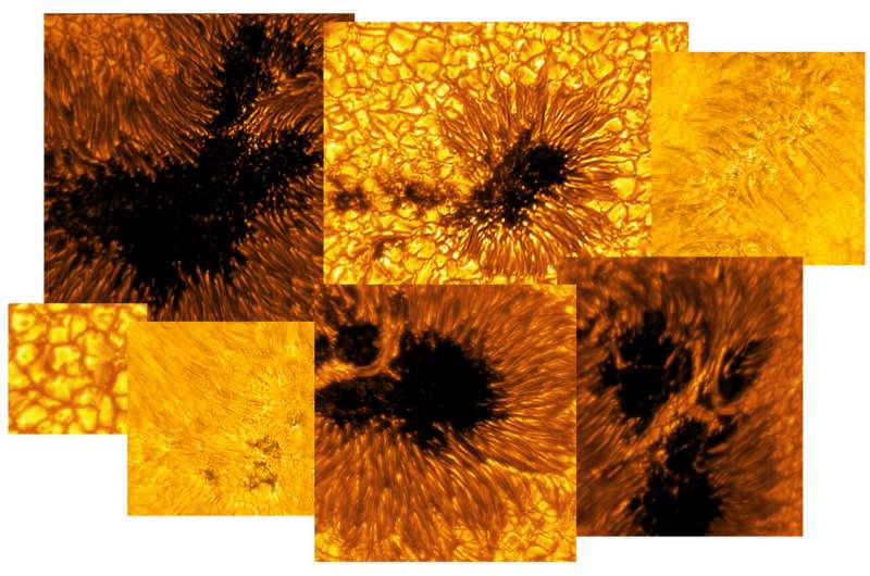 Hoy se ha dado a conocer un mosaico de nuevas imágenes solares producidas por el Inouye Solar Telescope, en el que se anticipan los datos solares tomados durante el primer año de operaciones del telescopio, durante su fase de puesta en servicio. Las imágenes incluyen manchas solares y características del Sol en calma. Crédito: NSF/AURA/NSO