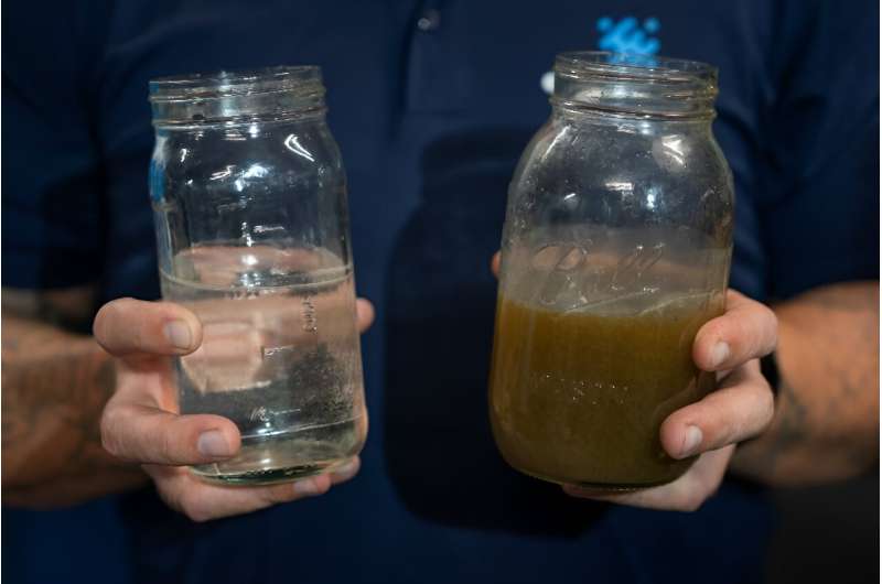Once filtered, the water is transformed from a murky, thick gray to a crystal-clear liquid