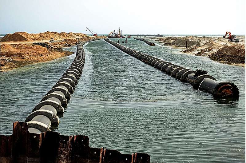 Pipes are laid to channel seawater to the Zarat Desalination Plant in Gabes in southeast Tunisia