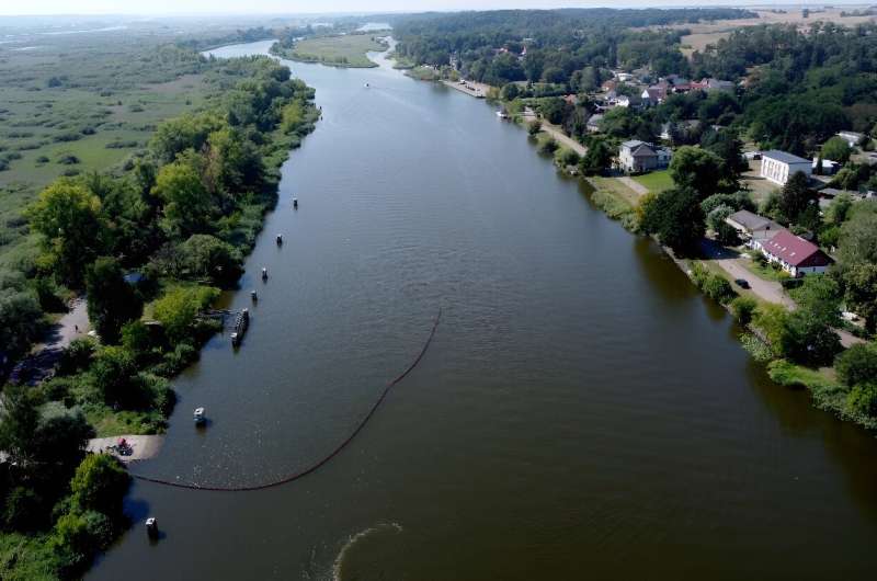 Polish firefighters set up a floating dam to catch dead fish from the river Oder in August 2022