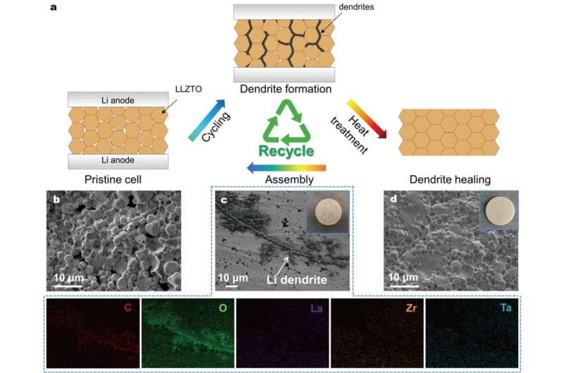 Recycling of garnet solid electrolytes with lithium-dendrite penetration by thermal healing