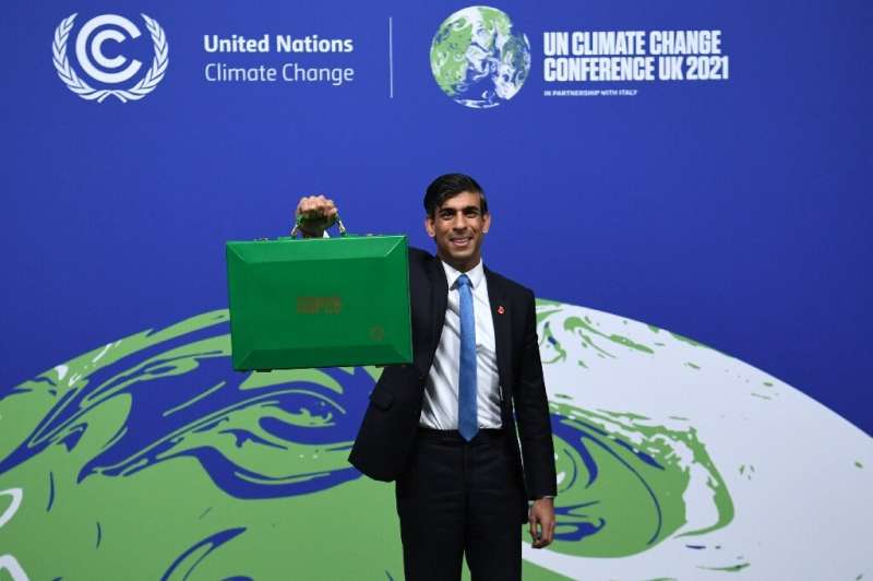 Rishi Sunak, then Britain's Chancellor of the Exchequer, poses with a briefcase at COP26 in 2021 symbolising the goal of creatin