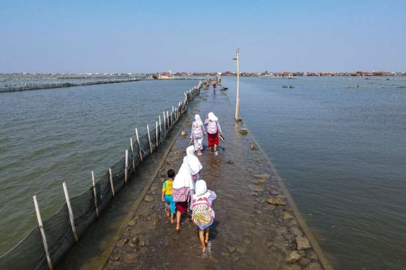 Schoolchildren walk on a road submerged by sea water at Timbulsloko village in Indonesia