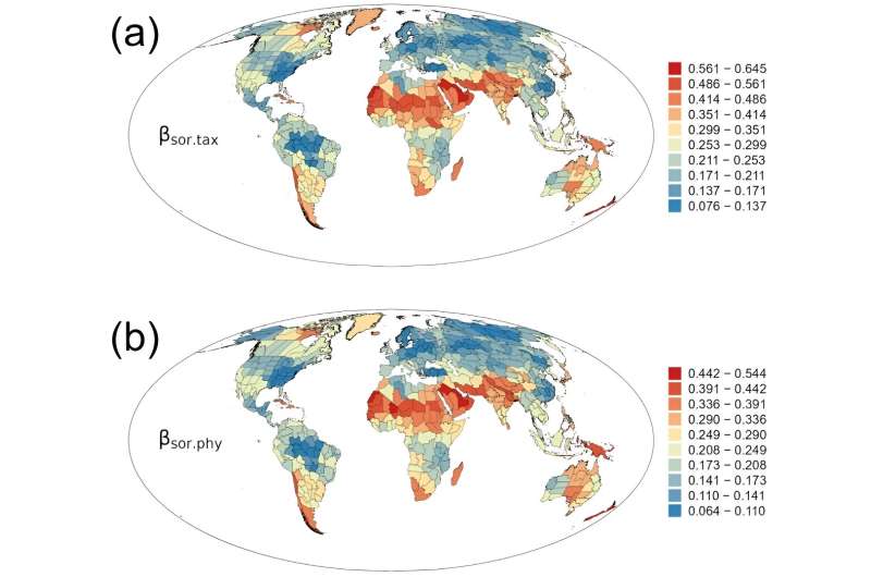 Scientists present the first set of global maps showing geographic patterns of beta-diversity in flowering plants