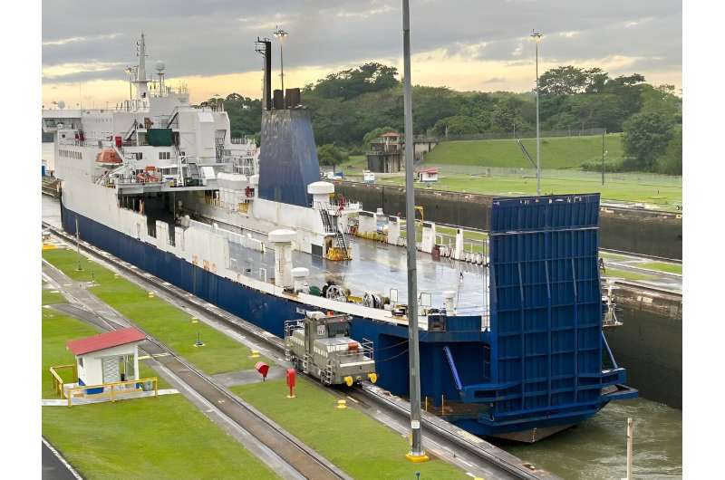 The canal relies on rainwater to move cargo ships through a series of locks that function like water elevators, raising the vess