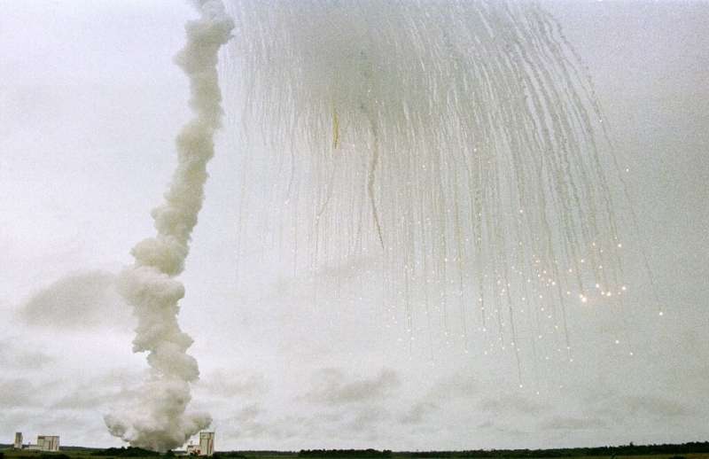 The explosion of the first Ariane 5 launch in 1996