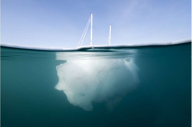 The French scientific expedition vessel &quot;Kamak&quot; behind a melting iceberg in Greenland's in Scoresby Sound