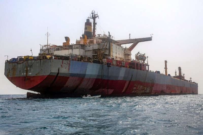 The FSO Safer oil tanker is pictured in the Red Sea off Yemen's contested western province of Hodeida during operations to remov