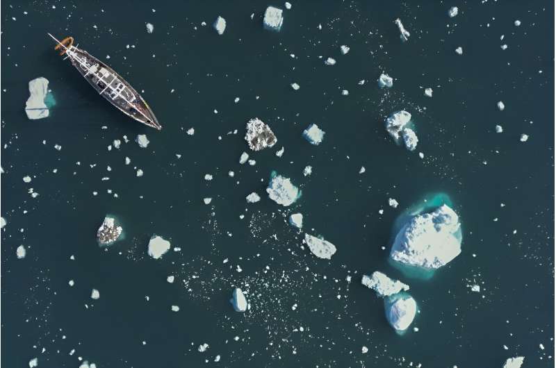 The Greenlandia scientific expedition's 'Kamak' sailing ship navigating between icebergs released by  melting glaciers in Greenland's Scoresby Sound