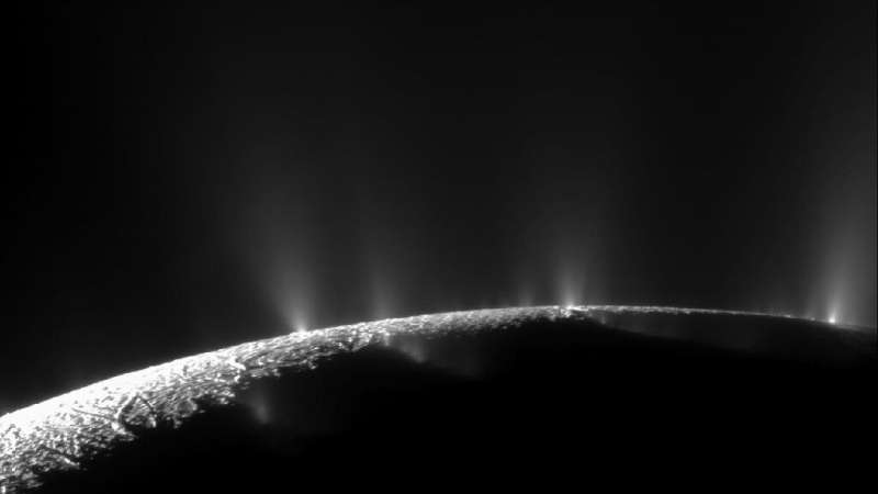 The icy crust at the south pole of Saturn's moon Enceladus is seen spewing a plume of icy particles into space