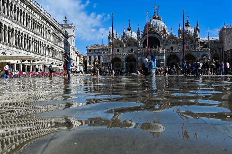 The landmark St Mark's Square is regularly flood by 'acqua alta' or high water events, caused by abnormally high tides