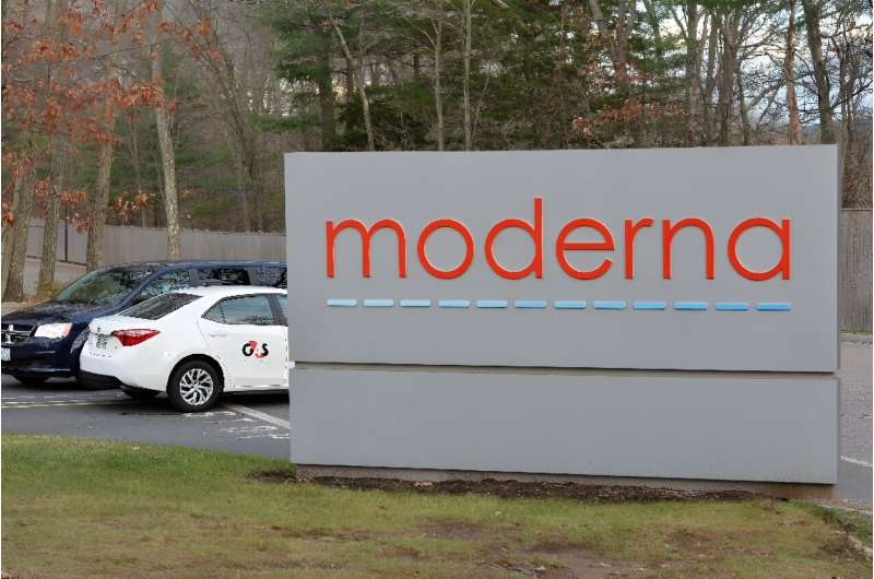 The Moderna logo is seen at the Moderna campus in Norwood, Massachusetts