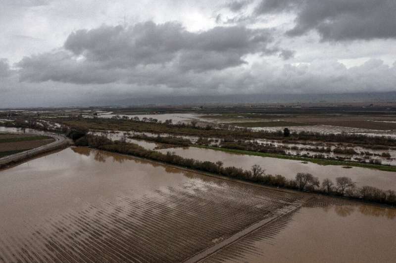 The Salines River overflows its banks, inundating farms near Chualar, California, over the weekend