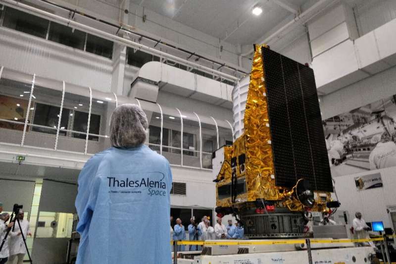 The spacecraft is being unveiled to the media in a clean room of the company Thales Alenia Space in the French city of Cannes