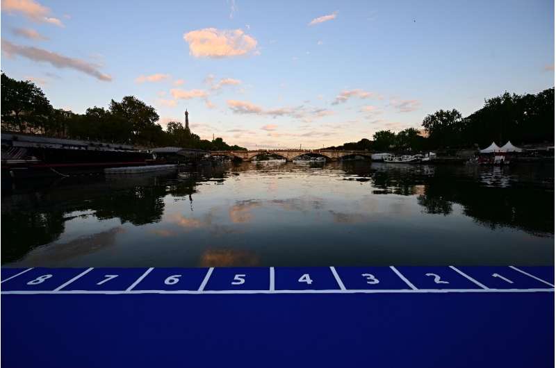 The starting line for the 2023 World Triathlon pre-Olympics test event floating on the Seine River in Paris