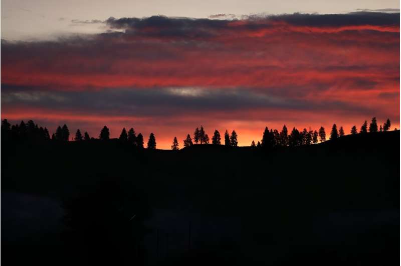 The sun rises behind a ridge of trees near Missoula, Montana