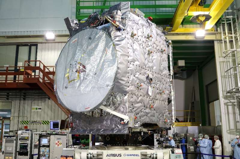 The uncrewed, six-tonne spacecraft JUICE, pictured earlier this year before being shipped to Kourou for launch