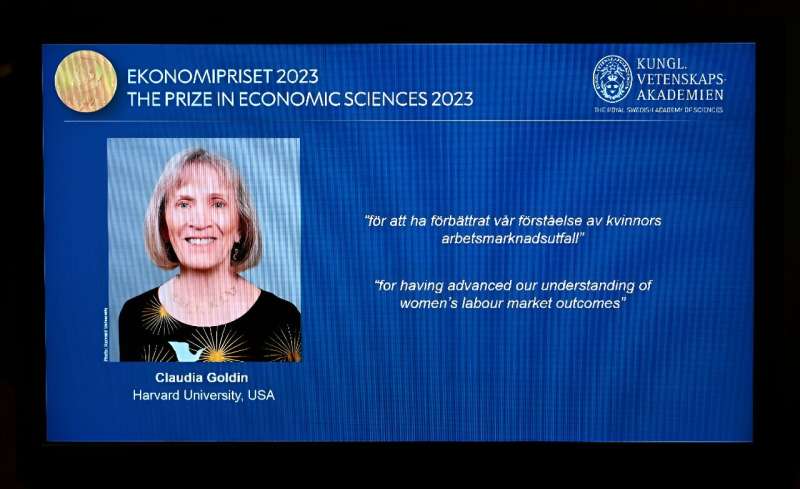 The winner of the 2023 Prize in Economic Sciences in Memory of Alfred Nobel American economist Claudia Goldin is seen on a display during a press conference at the Royal Swedish Academy of Sciences in Stockholm, Sweden, on October 9, 2023. The Nobel Econo