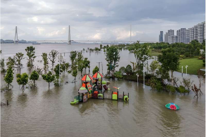 This aerial photo taken on July 28, 2020 shows a flooded sports ground along the Yangtze River in Wuhan in China's central Hubei province